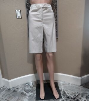 Chico's Knee-Length Seersucker Shorts in Light Brown Stipes on Beige Fabric